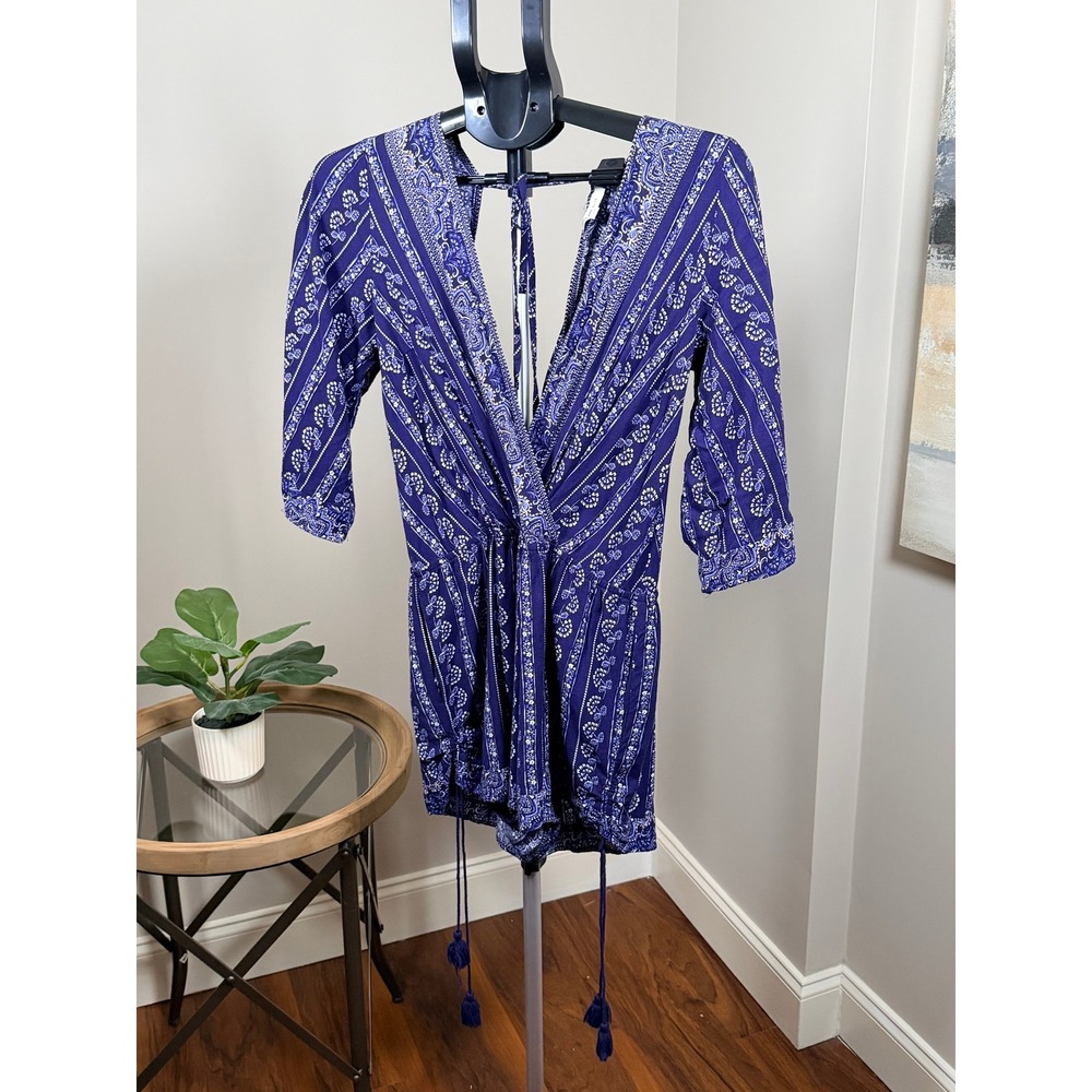 Blue Paisley‎ Floral V-Neck Wrap Romper with Tassels and Open Back 3/4 Sleeve